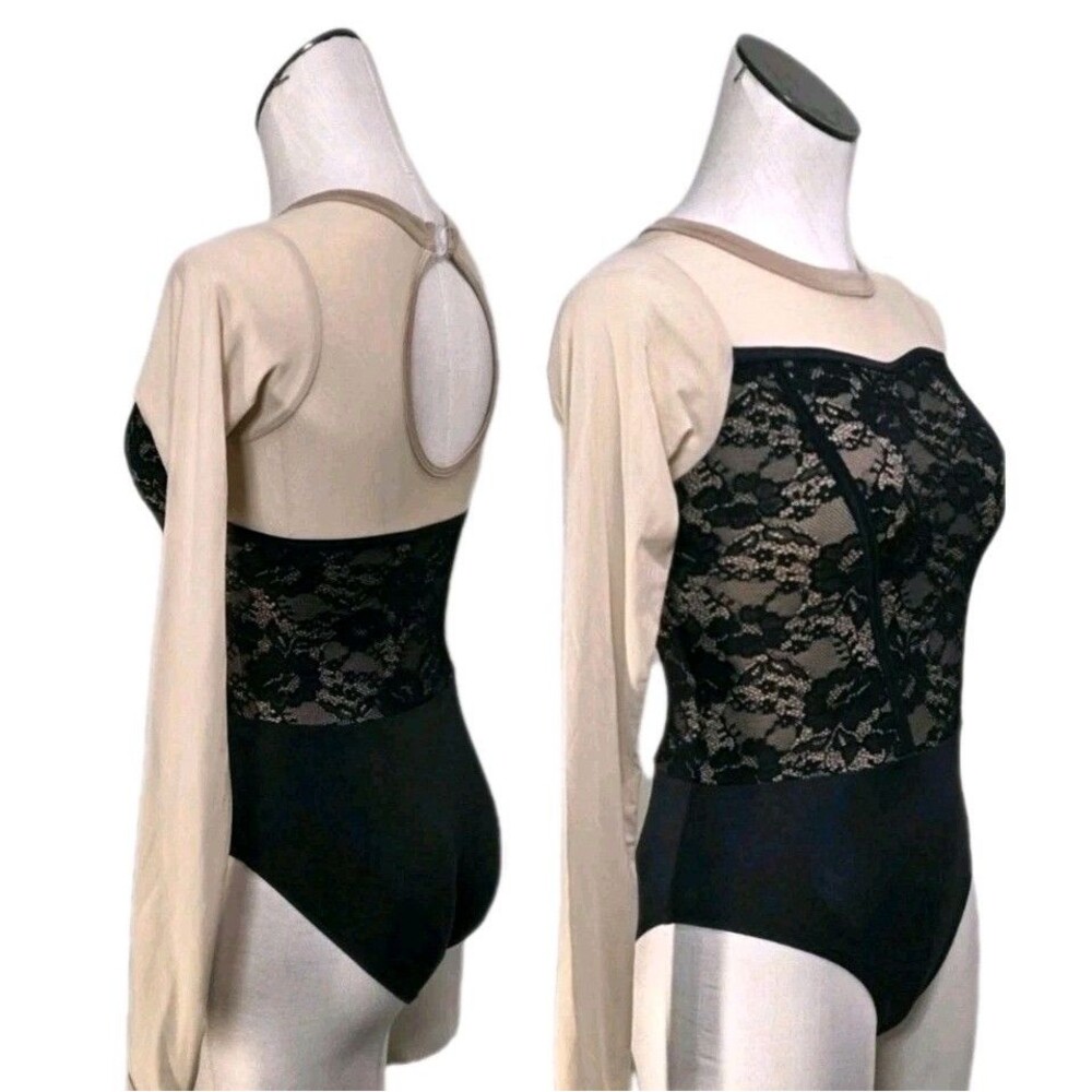 Ingenue Y2K Black Lace Bodice Keyhole Mesh Dance Leotard w/ Thumbholes Size AS